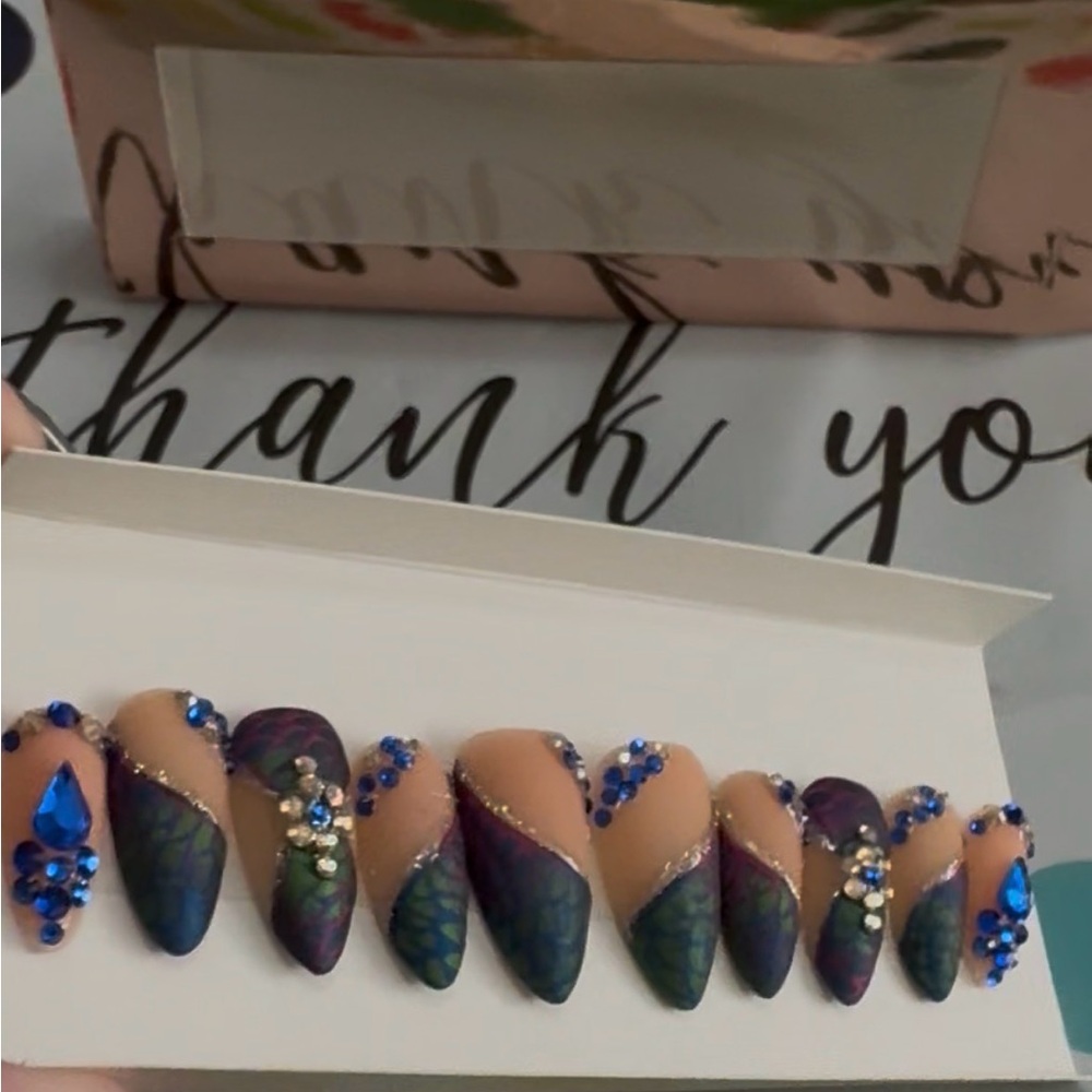 NWT Custom Size L Gorgeous Handmade Peacock Feather Design Press-On Nails Set - Picture 6 of 8